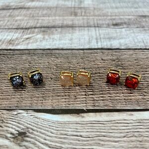 Trio of Chrome, Pink, & Red Glitter Square Stud Earrings with Gold Tone Posts
